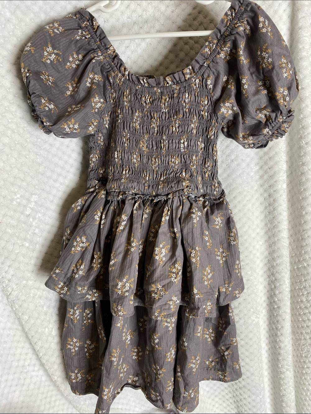 Noralee Taupe Floral Smocked Puff Sleeve Dress